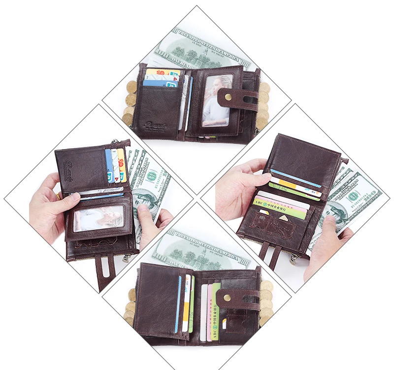 Модный мужской кошелек Rfid из натуральной кожи, мужские кошельки с двойной молнией, дизайнерский Кошелек для монет, ID держатель для карт, тонкий мягкий кошелек