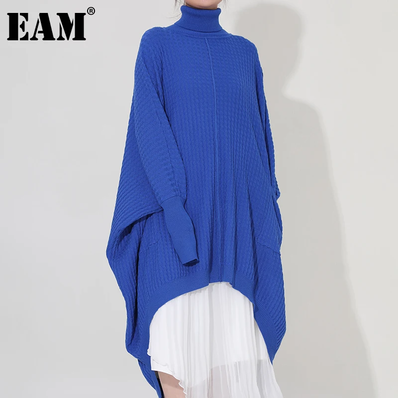 

[EAM] Women Blue Irregular Big Size Knitting Dress New Turtleneck Long Sleeve Loose Fashion Tide Autumn Winter 2022 1DE422405