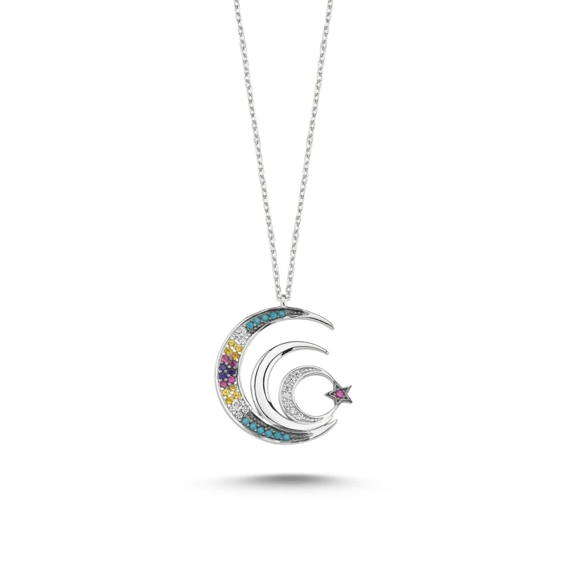 

Silverlina Silver Mix Gemstone Moon Star Necklace
