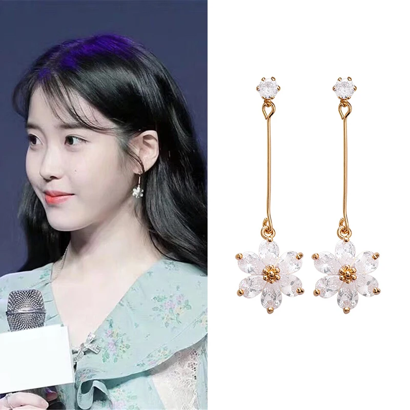 

Korean TV Dramas Star Sweet Simple Zircon Flower Long Earrings Fresh Lovely Temperament For Girl Aretes De Mujer Jewelry Gifts