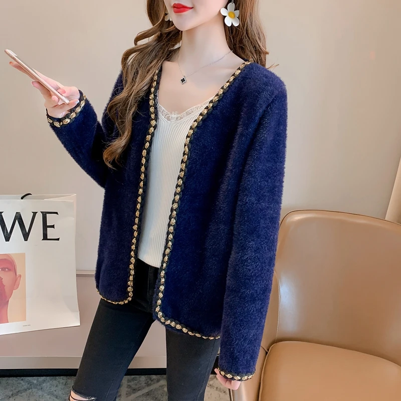 

Zone n 37 right] 7758 real shot imitation mink silk placket knitted cardigan 50