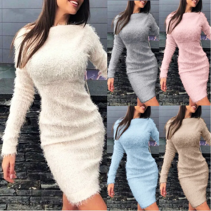 

Bodycon Plush Dress 2021 Winter Autumn Women Sexy Elegant Solid Color Party Night Dresses Long Sleeve Warm Fashion Casual Dress