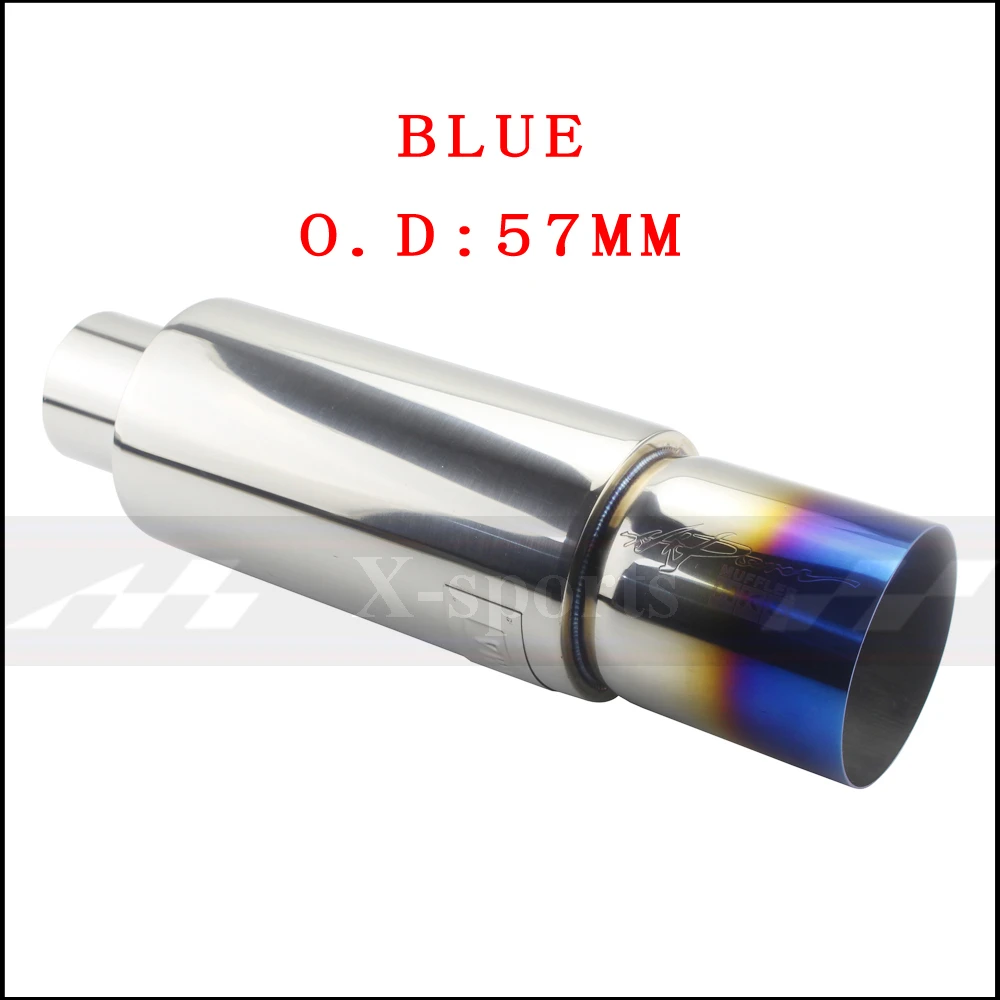 BLUE 57MM Глушитель выхлопной трубы для автомобиля, мотоцикла, универсальный, нержавеющая сталь, 304 интерфейс 51 57 63 мм, экспорт 76 мм, 90 мм, глушители - Цвет: BLUE 57MM