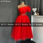 Красные Короткие вечерние платья на одно плечо, прозрачные тюлевые трапециевидные Свадебные платья с аппликацией, женское платье для выпускного вечера
