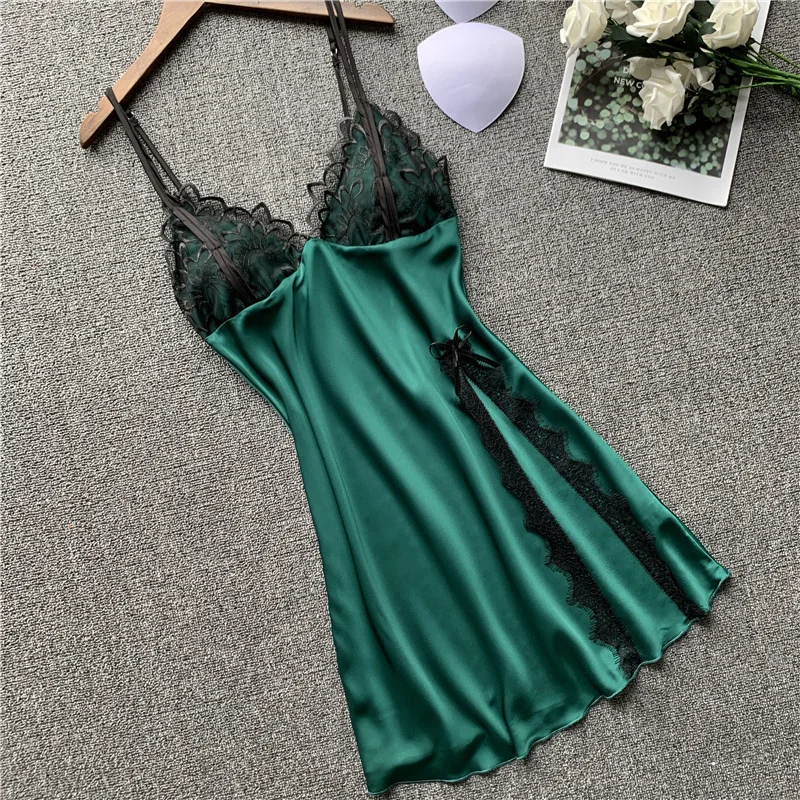 Lace Patchwork Female Spaghetti Strap Nightgown Satin Sexy Nightdress Intimate Lingerie Kimono Bathrobe Gown Casual Home Clothes | Женская