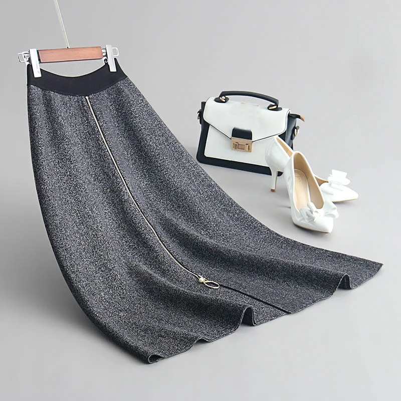 

2020 High Waist Knitted Winter Long Fashion Zip Women Autumn Thick Skirt Faldas Jupe Femme Saia