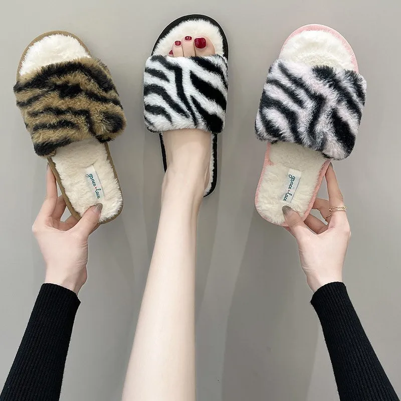

COOTELILI Women Home Slippers With Faux Fur 2021 Fashion Flat Shoes Zebra Pattern Shoes For Woman Flats Basic Slipper 36-41