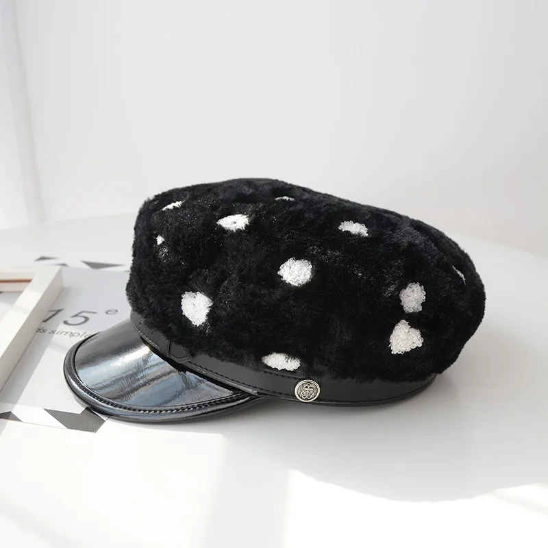 USPOP New winter caps women heart embroidery newsboy velvet octagonal hat PU brim patchwork female thick warm hats | Аксессуары для