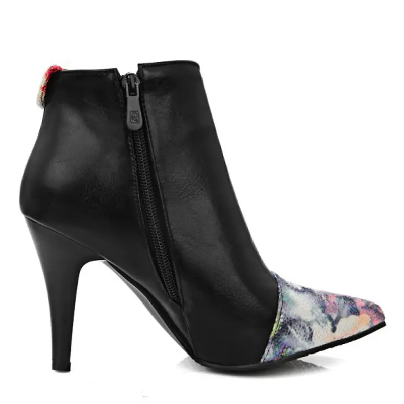 

Sexy Women Ankle Boots Print Patchwork High Heels Women Shoes Lady Stiletto Pointed Toe Winter Boots Warm Shoes Woman XKD2048