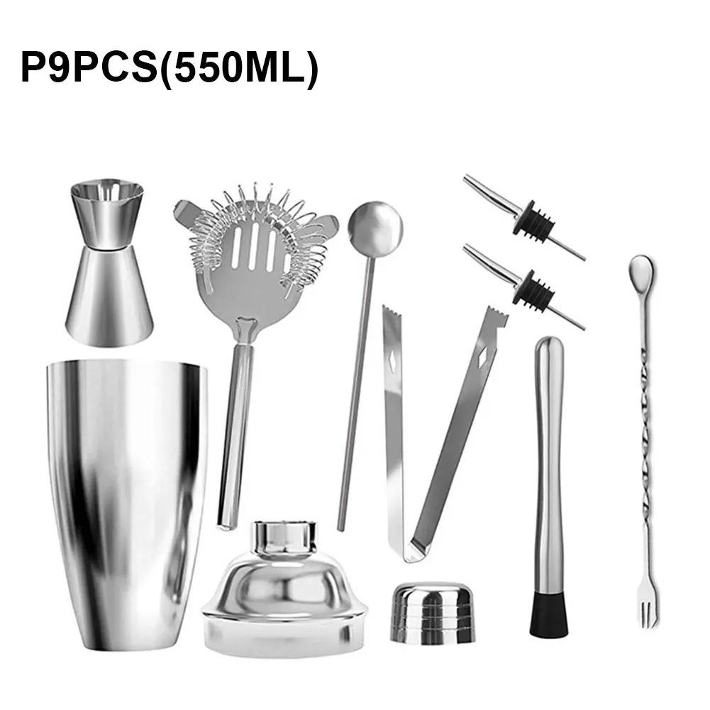 9pcs/set Stainless Steel Cocktail Shaker Mixer Kit Bar Bartender Spoon Pourers straw Ice Tong Tools Set | Дом и сад