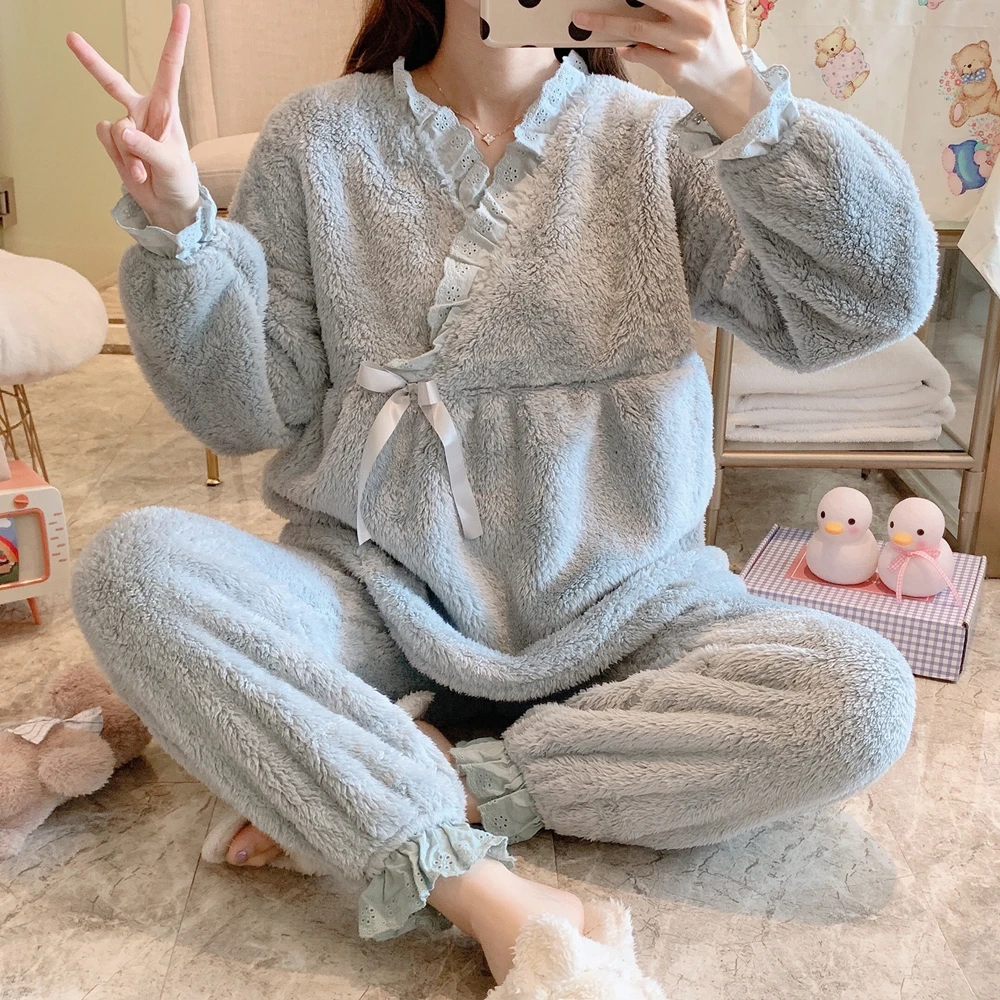 

Зимняя женская пижама, комплект одежды для беременных, домашняя одежда, теплая Пижама для грудного вскармливания, плотная фланелевая одежд...