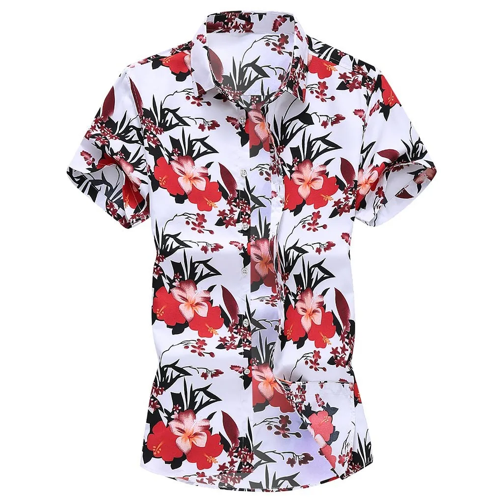 

Hawaii Loose T-shirt Men Collar Fashion Sleeve Slim Printed Turn-down Short Tops Men Shirts