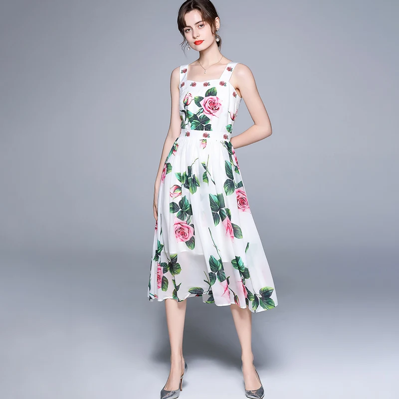 

Rose Print Summer Dress Women Spaghetti Strap Long Chiffon Dress High Waist A-Line Party Dress White Korean Sleeveless 2021 C033