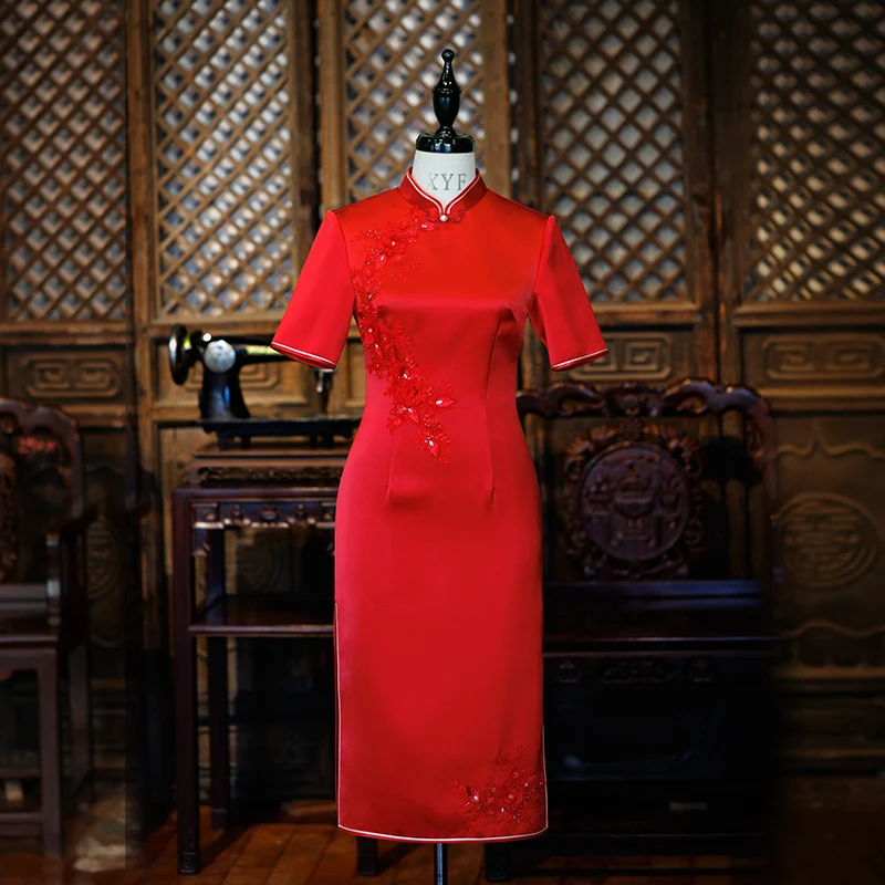 

Xinyuefang Wedding Toast Qipao Chinese style retro mid long bridal red dress Chinese style dress autumn