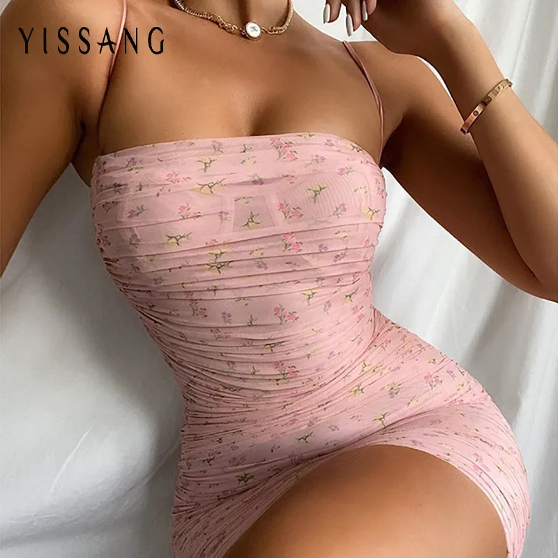 Yissang летнее Двухслойное Сетчатое платье с цветочным принтом женское облегающее