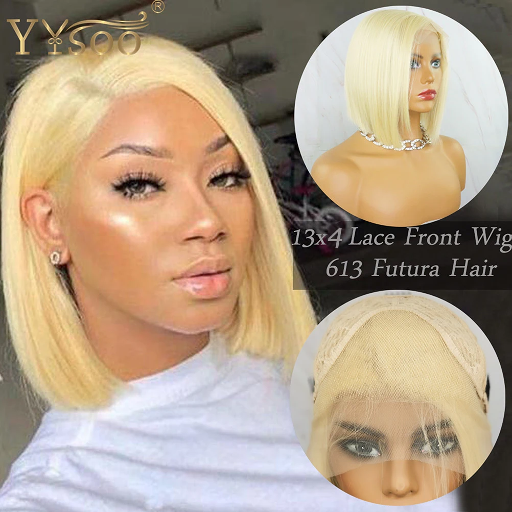 YYsoo 613# Color Blonde Futura13X4 Synthetic Lace Front Wigs For Women Girls Short Cut Bob Wig Heat Resistant Half Hand Tied Wig