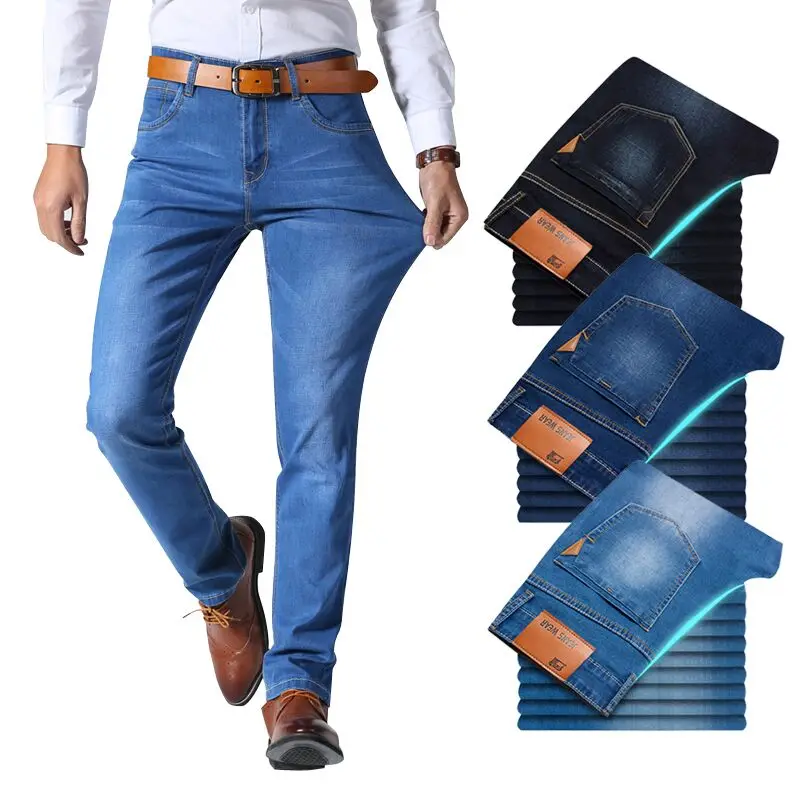 2022, Классические Стильные мужские брендовые джинсы, деловые повседневные Стрейчевые облегающие джинсовые брюки светильник-голубые Черные ...