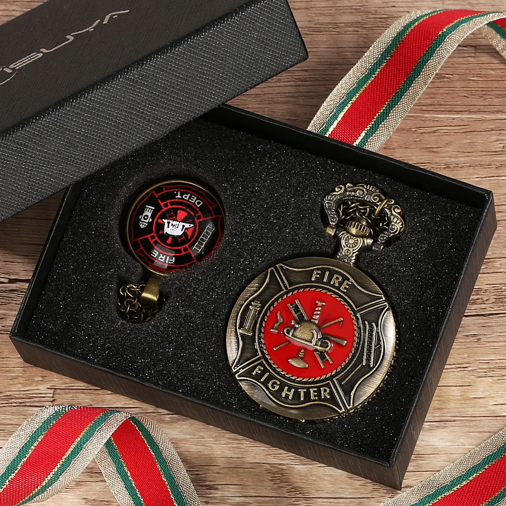 Big Bronze Pocket Watch Men Fire Sign Best Souvenir Gift for Firemen Red Pendent Necklace Steampunk Pocket Watch Fob Chain Clock