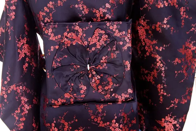 Черное Красное японское женское традиционное кимоно с Obi винтажное вечернее