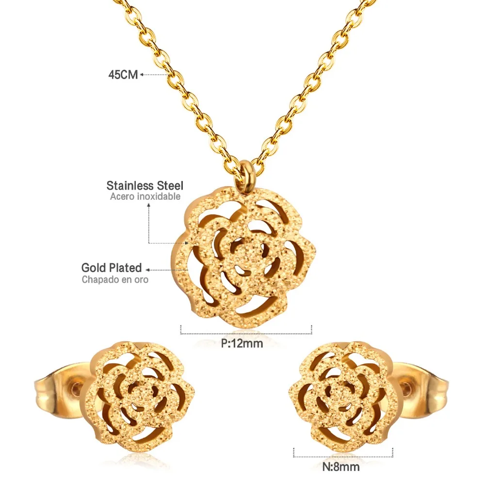 ASONSTEEL Bridal Jewelry Sets Stainless Steel Gold/Silver Color Romantic Flower Shape Pendants Charm Chain Necklace Earring Sets