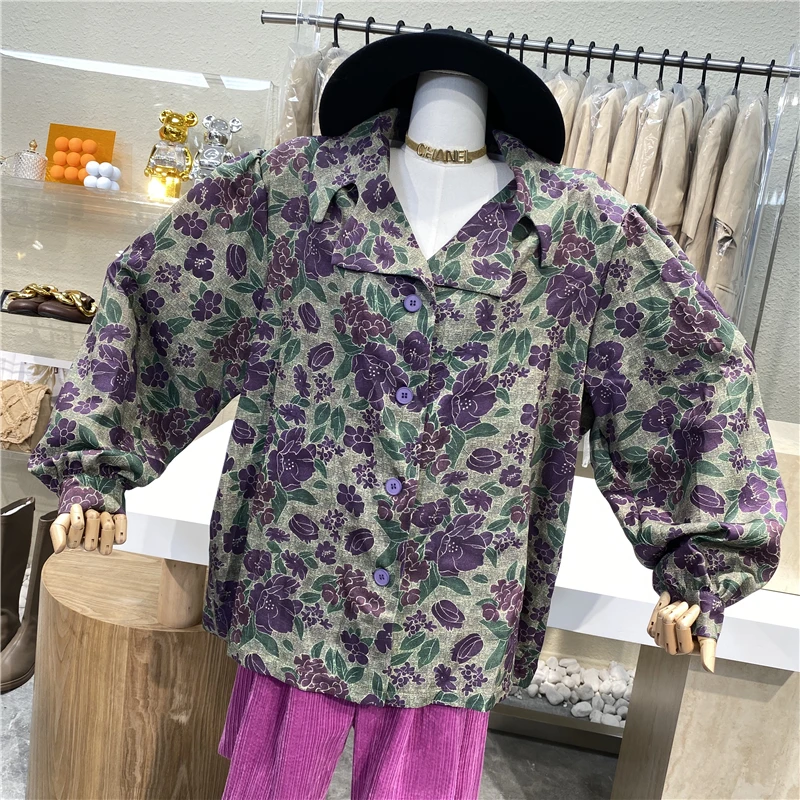 

Niche Design Original 2021 New Purple Flower Lantern Sleeve Top Loose Blouse Beautiful Print Beach Style Elegant Spring Shirt