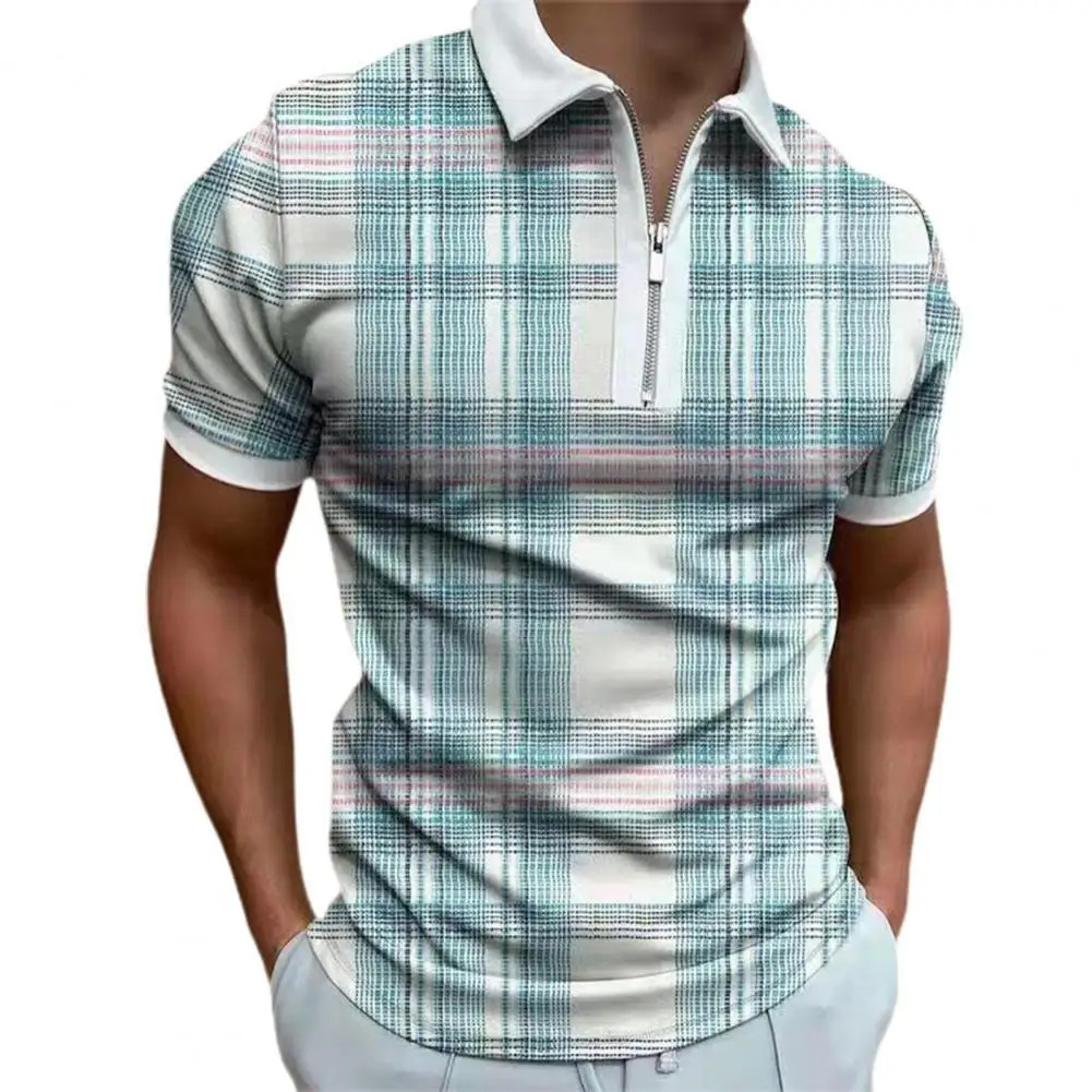 

Turn-down Collar Men T-shirt Print Thin Zipper Short Sleeve Summer Shirt Top