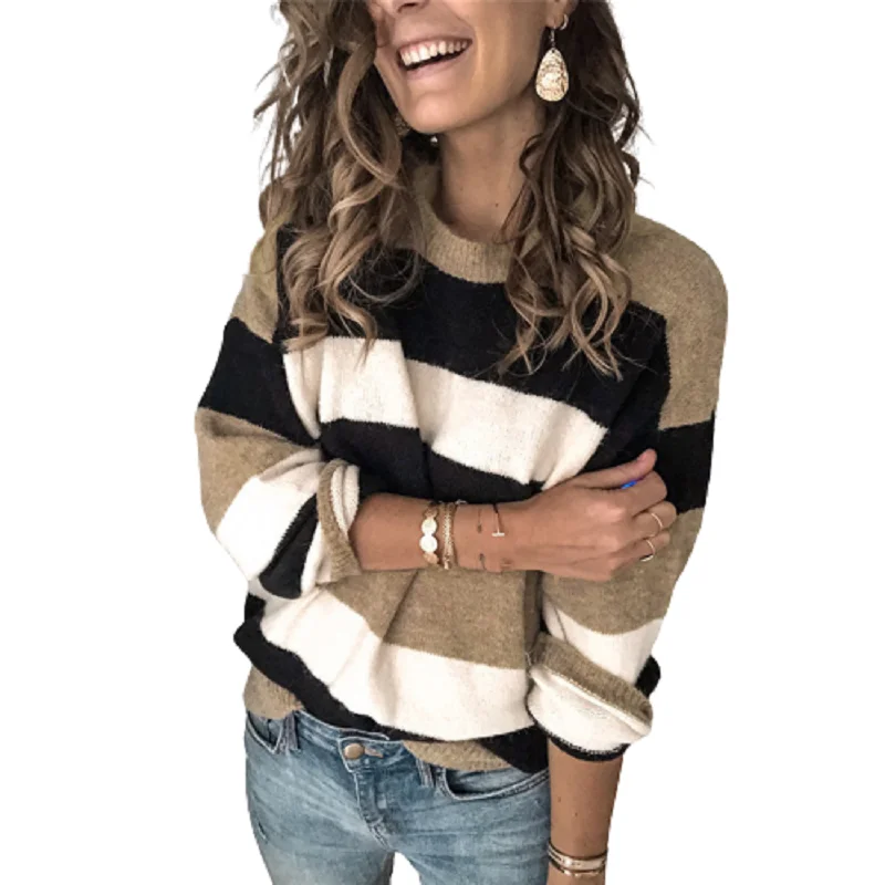 

Women Casual Loose Sweaters Oversized 3XL Female Round Neck Knitted Pullover Top Plus Size Autumn Women Striped Sweater New