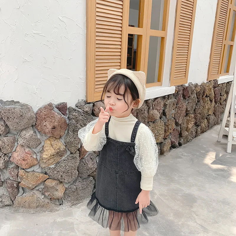 2019 Autumn New Arrival Korean style cotton all-match vest denim dress matching with grenadine for cute sweet fashion baby girls | Детская