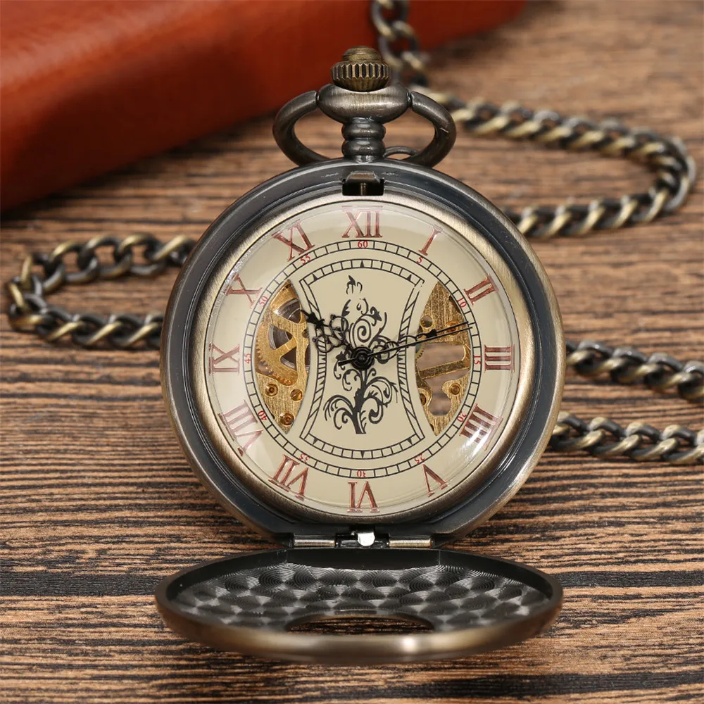 Elegant Flower Roman Numerals Mechanical Hand Winding Pocket Watch Retro Bronze Male Pocket Pendant Manual Mechanism Timepiece