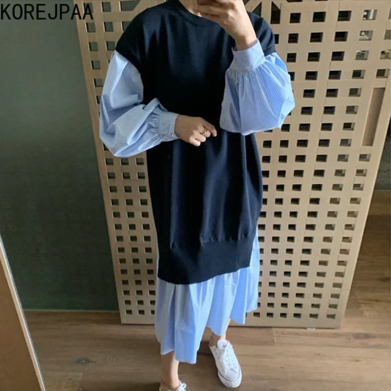 

Korejpaa Autumn Casual Dress Women Round Neck Knitted Stitching Fake Two Piece Striped Puff Sleeve Long Vestidos Elegant New