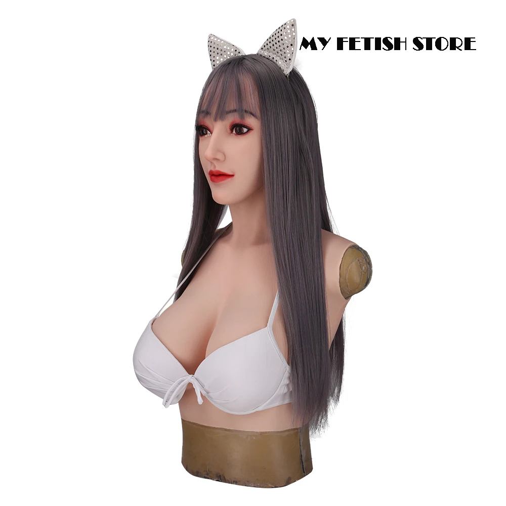 (Alice-1G)Crossdress Full Head Realistic Silicone Girl Female Disguise Party Cosplay Transgender Mask With D Cup Breast Torso