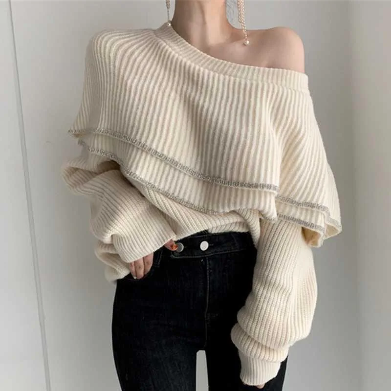 

Sexy Lady Chic Korean Sweaters Solid Pull Femme Women Double Ruffles Sweater Casual Loose Sweet Girls