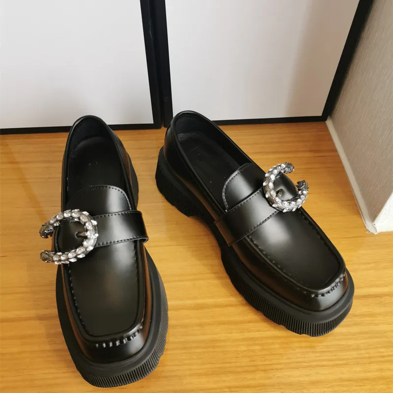 

2021 Top Quality Women Genuine Leather Loafers Shoes Crystal Buckle Thick Bottom Shoes Wedges Shoes for Women Ladies Dress Shoes