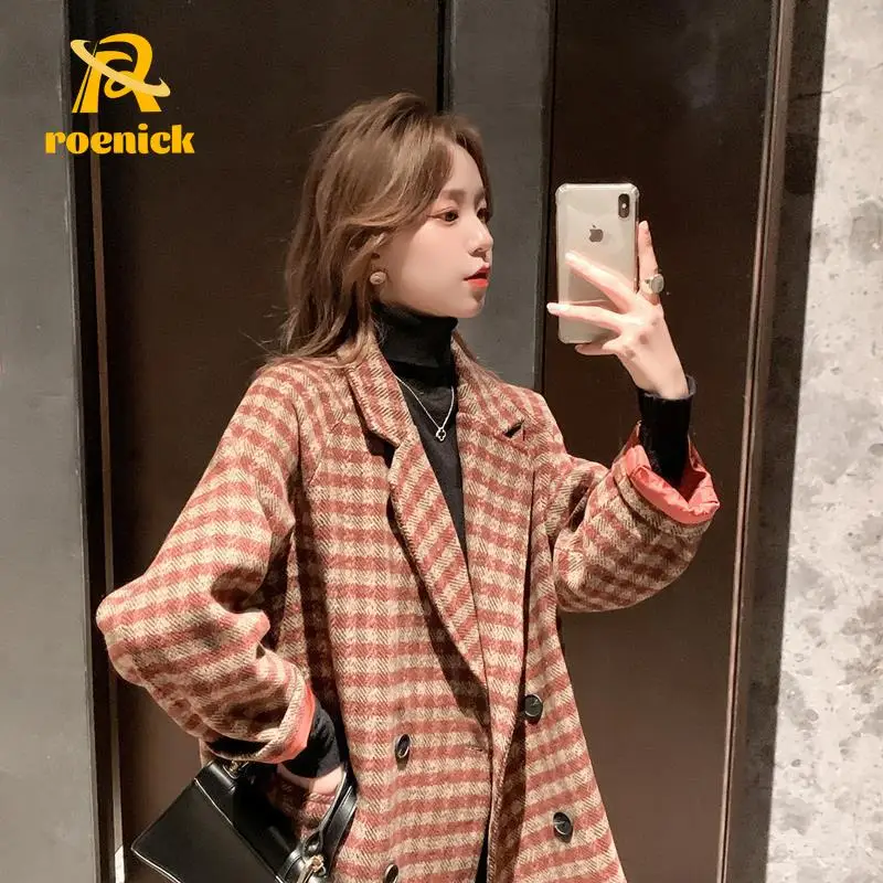 

Женская клетчатая куртка ROENICK, свободная двубортная куртка из смешанной японской шерсти, элегантное модное шерстяное пальто с воротником-стойкой для офиса