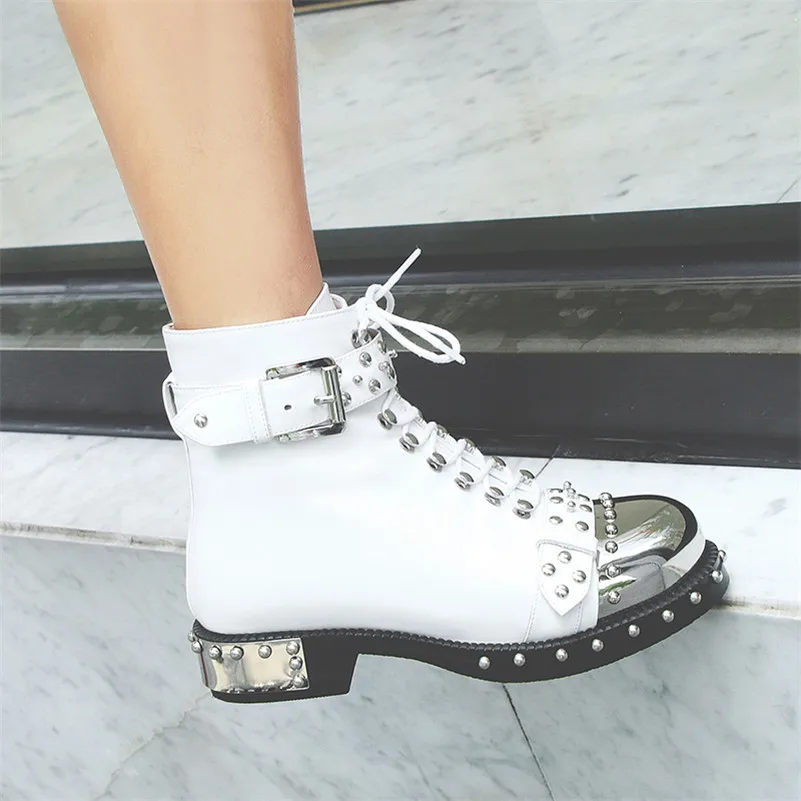 

Punk Genuine Leather Boots Women Rivets Square Heels Autumn Winter Ankle Boots Sexy Shoes Woman Motorcycle Snow Boots