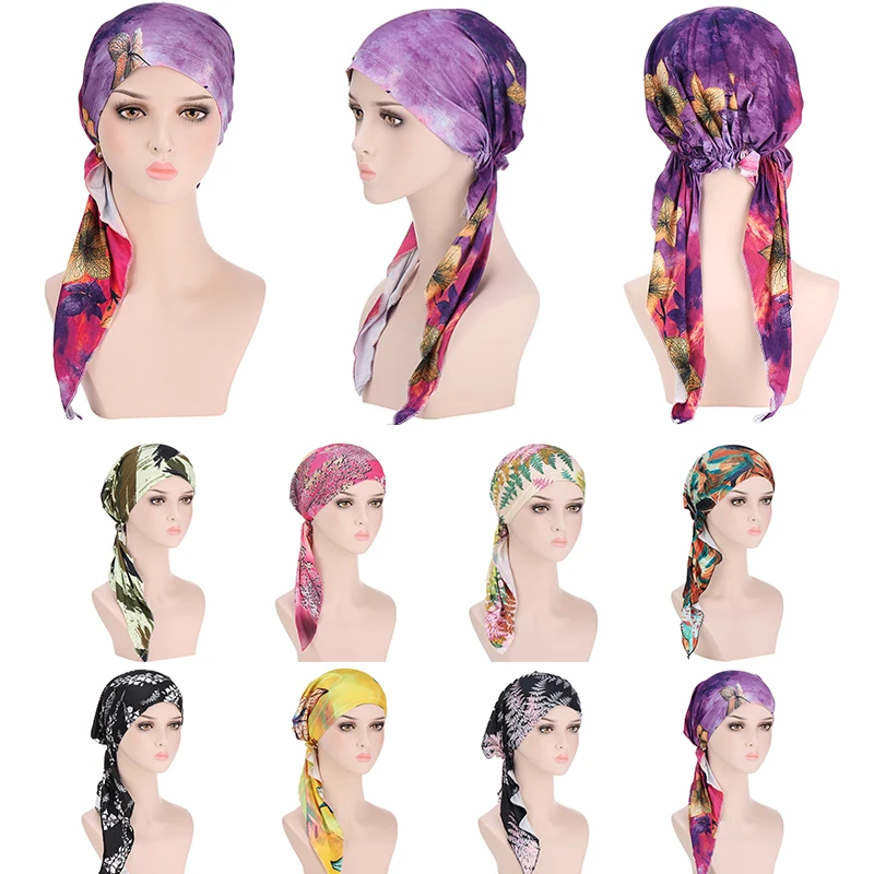 

Stylish Curved Tail Cap Muslim Baotou Caps Pullover Hat Western Style Women Fashion Four Seasons Printing Multi-color Caps