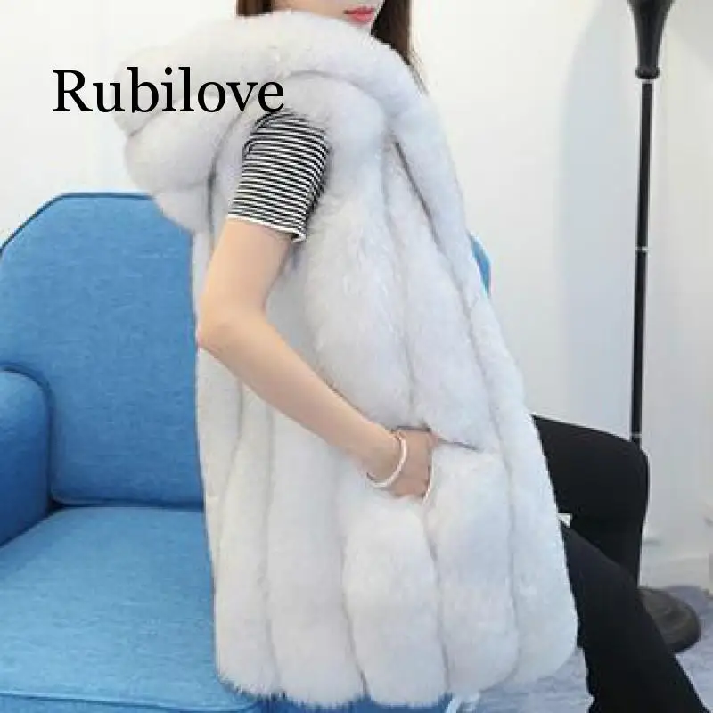 

2019 Winter Coat Women Luxury Furry Faux Fur Vest Hooded Warm Faux Fur Jacket Coats Female Slim Waistcoat veste femme