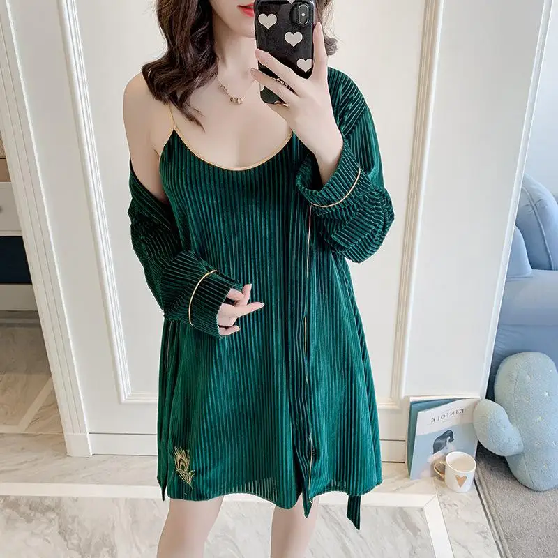 2pcs Robe 1 Новинка, Осенний бархатный женский халат, набор, сексуальное кружевное кимоно, халат, 2 шт., ночная рубашка, Свадебный халат для невесты, M, L, XL - Цвет: 2pcs Robe 1