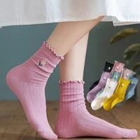 1pairs middle tube women socks spring autumn small flower print crimping design casual candy color cute girls ladies cotton sox