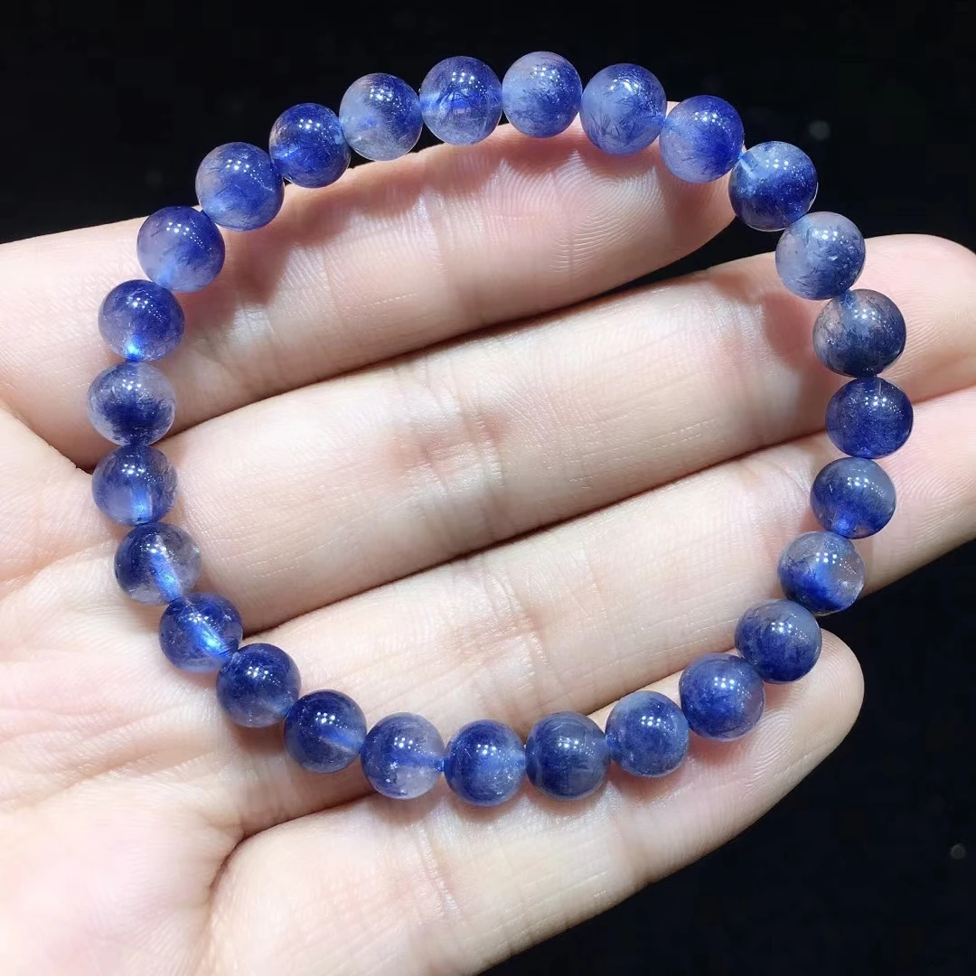 

Genuine Natural Blue Rutilated Dumortierite Quartz Clear Round Beads Bracelet 6.6mm Women Men Fashion Wealthy AAAAAA