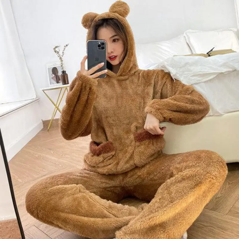 

Hooded Pajama Set Thick Female Nightwear 2PCS Sleep Shirts&Pants Suit Flannel Warm Cute Home Clothing Casual Winter Sleepwear