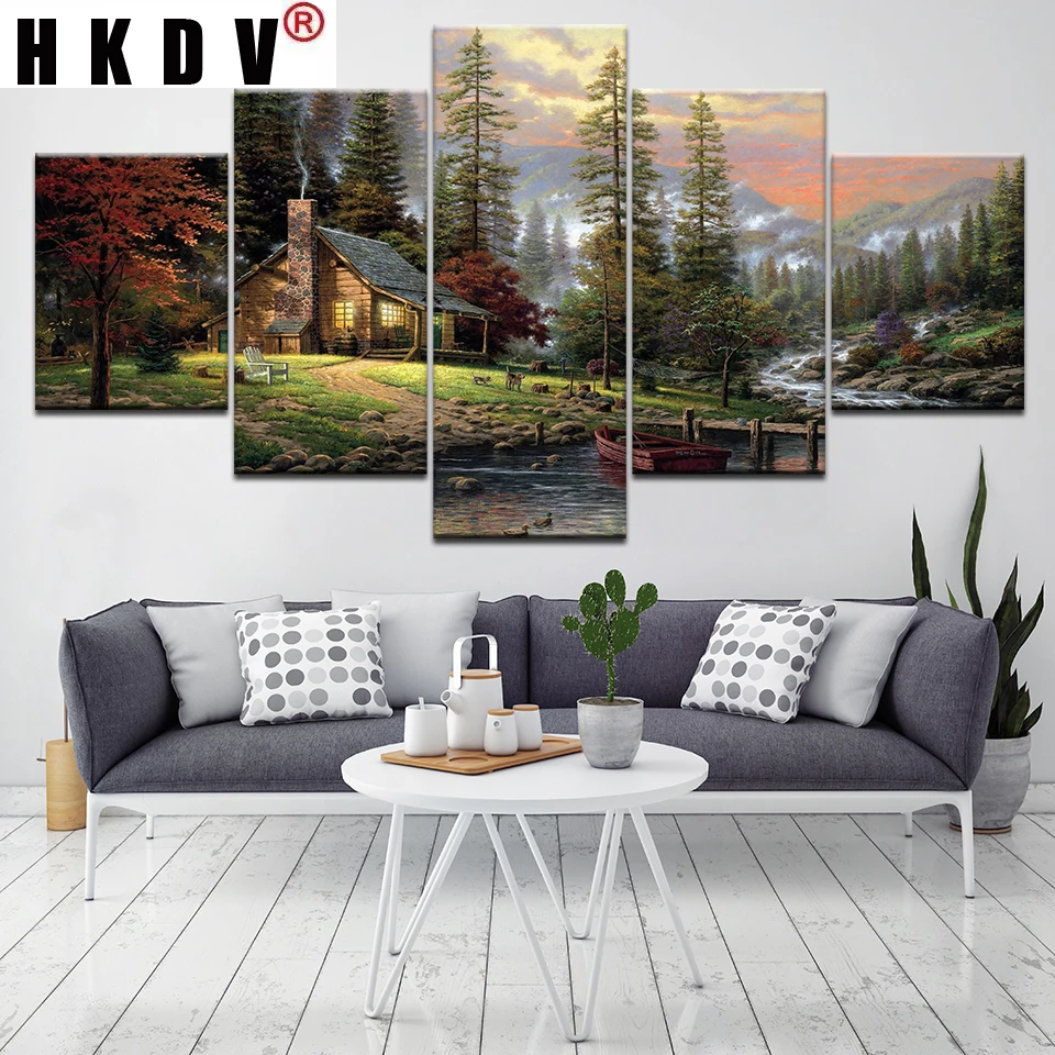 

Картина на холсте HKDV, настенное искусство, домашний декор, 5 панелей, гор, река, дерево, модульные картины, лесной пейзаж, HD печать, картины мас...
