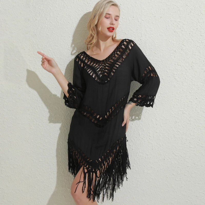 

Женское пляжное платье с открытой спиной, черное ажурное платье-туника с кисточками и тропическим принтом, лето 2021