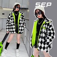 girls checkerboard coat winter warm casual hooded jacket kids clothes black white plaid childrens outerwear fashion teens tops