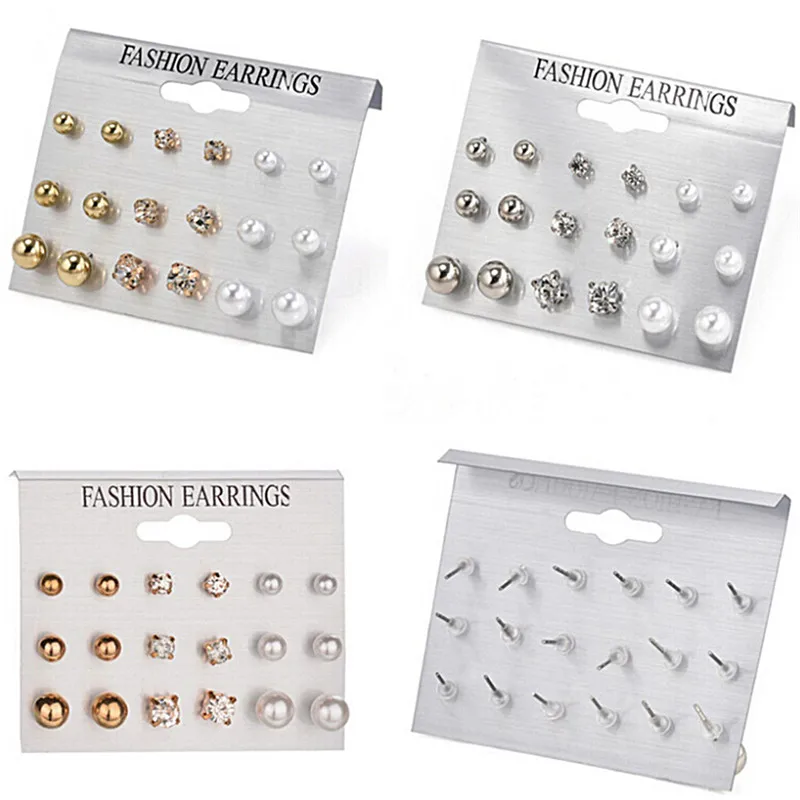

9 Pairs Pack Set Rhinestone Crystal Simulated Pearl Stud Earrings Set For Women Color Brincos Aros