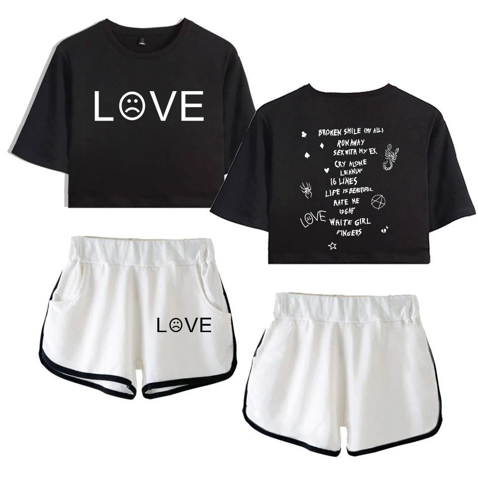 

Trendy Lil Peep Print Dew navel Sport Girl suits Trendy Youthful Two Piece Set Short Sleeve Women Sexy Shorts+lovely T-shirts
