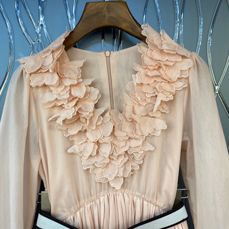 

Elegant Sweet Pink Petal Dress For Woman V Neck Long Sleeves Midi dresses Female New Fashion