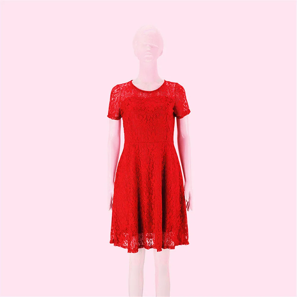

Kalnemos 5XL Solid Color Sexy Lace Dresses Women Fashion Round Neck Casual Streetwear Party Knee-length A-line Dress for Woman