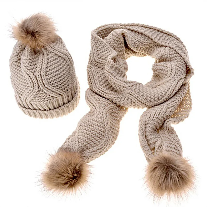 

Autumn Winter Warm Women Knitted Hat Scarf Sets 2020 Fashion Women Thick Wool Warm Knitted Scarves Fur Pompom Knitte Caps Set