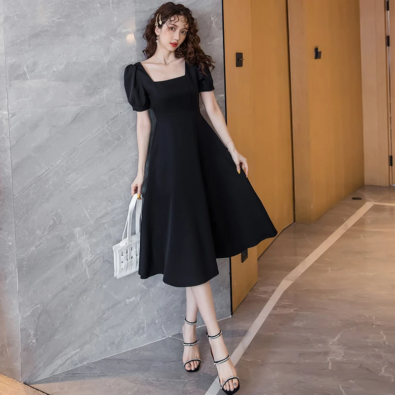 

2021 модное женское платье с коротким рукавом, повседневные женские летние черные платья с высокой талией и квадратным вырезом